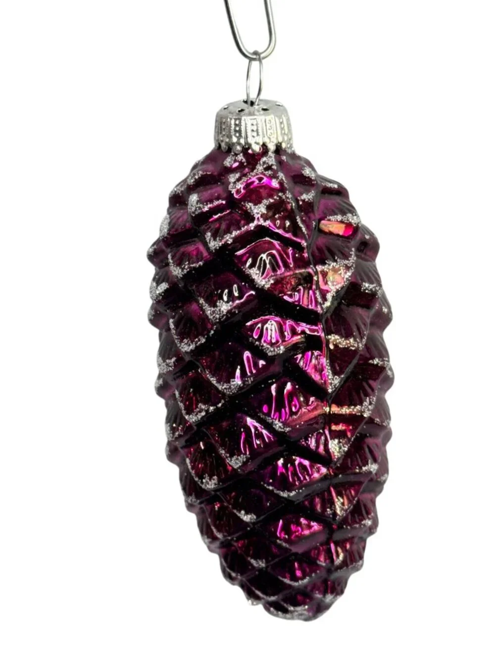 Vintage German Amethyst Pinecone Glass Christmas Ornament Silver Glitter 4" - Picture 2 of 6